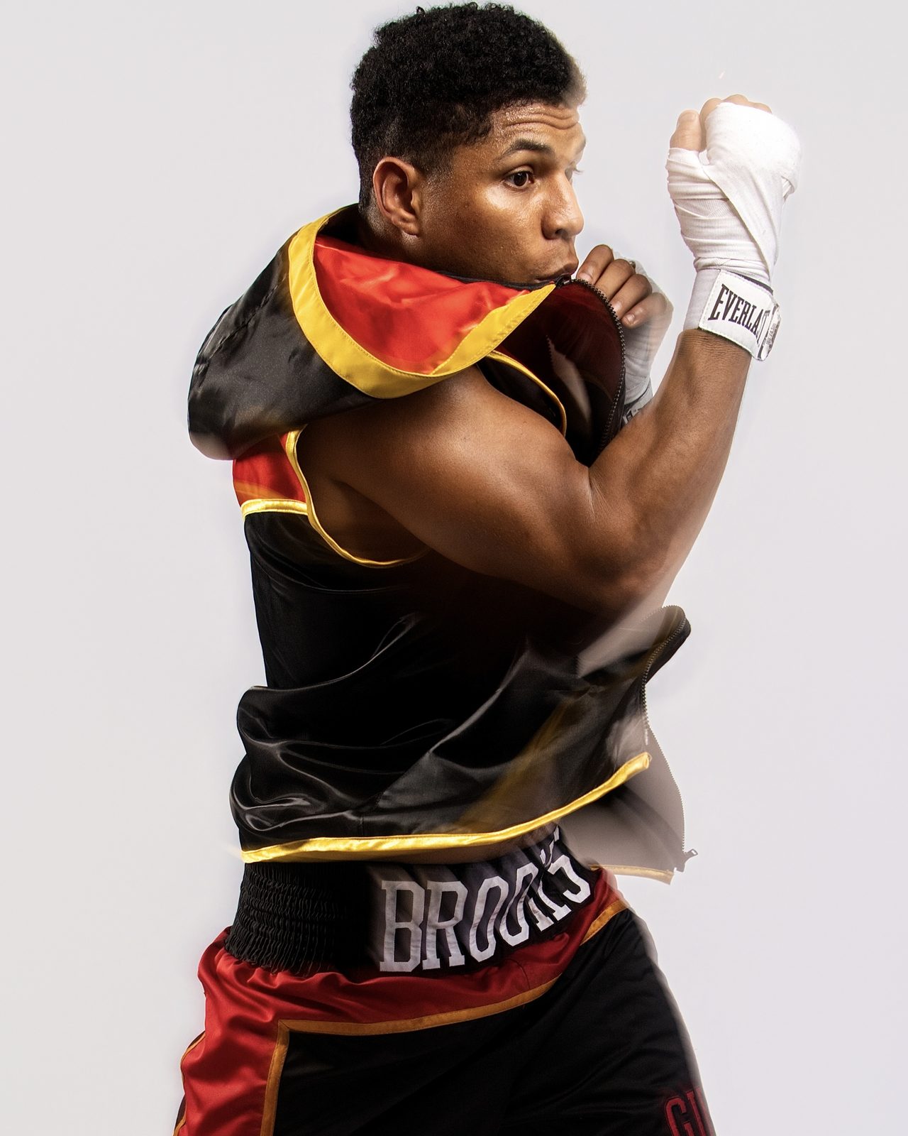 Cody Brooks in fight robe, guard up